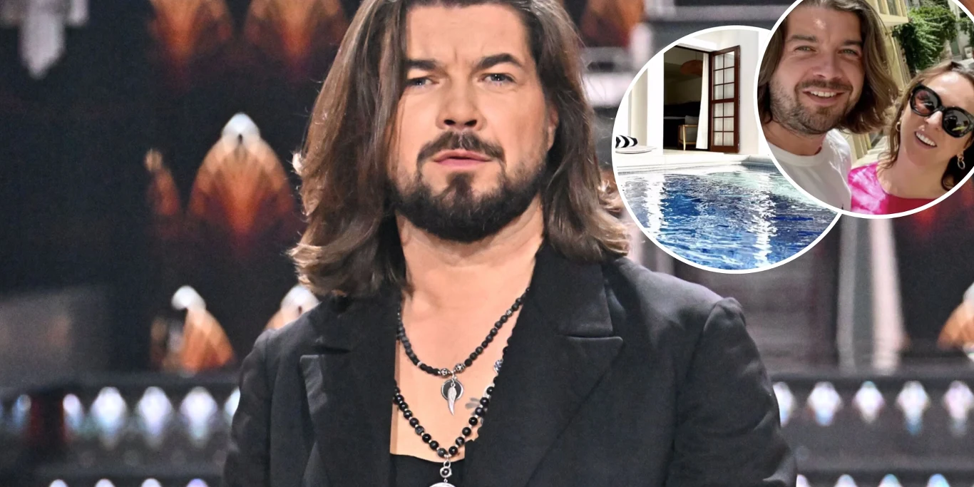 Tomasz Szczepanik (Pectus) z żoną myślą o przyszłości na Teneryfie Mężczyzna z długimi włosami, brodą, ubrany w elegancki czarny strój z naszyjnikami, na tle rozmytego oświetlenia scenicznego. W górnym rogu wstawka z mężczyzną i kobietą przy basenie.