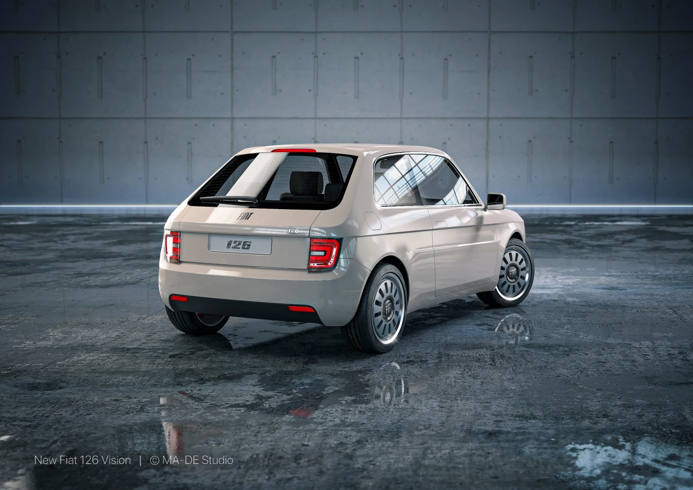 Zdjęcie minimalistycznego wnętrza, na którym widoczny jest nowoczesny samochód o klasycznym designie. Model przypomina Fiat 126, prezentowany na tle industrialnej, betonowej ściany.