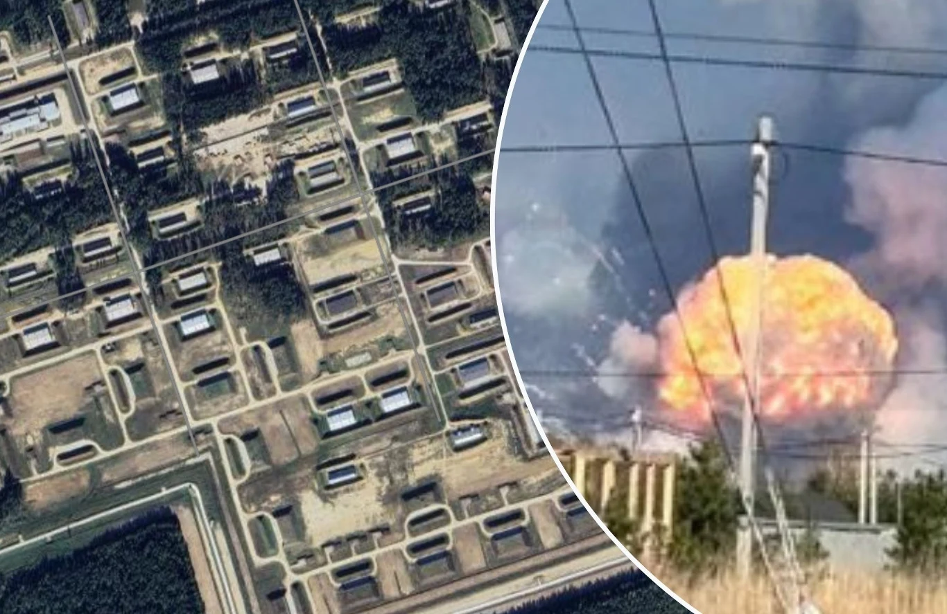 Potężna eksplozja w Rosji. Kula ognia nad arsenałem Władimira Putina Dwuczęściowe zdjęcie ukazujące po lewej stronie widok z lotu ptaka na kompleks wojskowy, a po prawej stronie eksplozję z dużą kulą ognia oraz unoszący się dym.