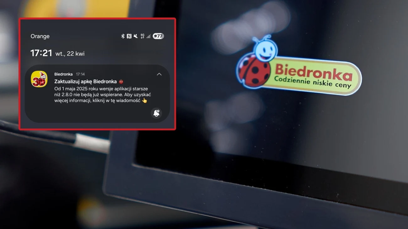 Powiadomienie z aplikacji Biedronka. Co należy zrobić? Powiadomienie na ekranie smartfona informujące o konieczności aktualizacji aplikacji Biedronka obok logo Biedronki na ekranie komputera.