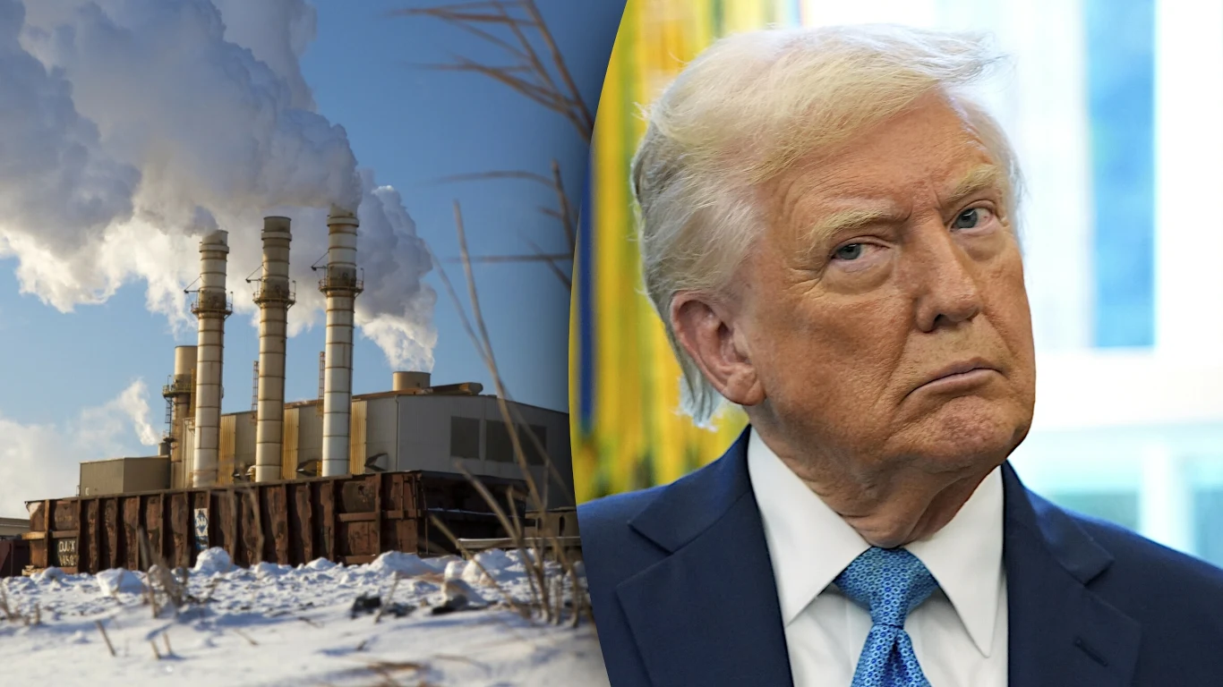 Fabryka z trzema kominami wydzielającymi biały dym oraz osoba w garniturze, patrząca w stronę obiektywu.