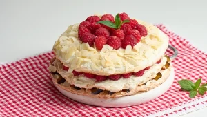 Pyszny tort z bezą, dodatkiem malin i kremem śmietankowym 