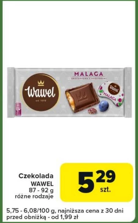 Wawel Czekolada nadziewana malaga śmietankowa z rodzynkami 92 g 