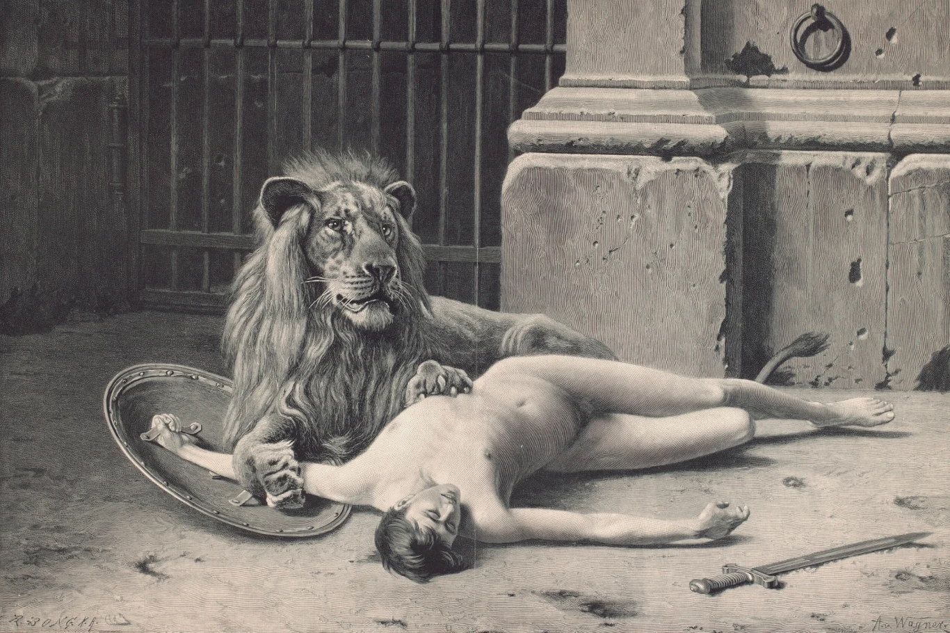 Lew odpoczywający obok nagiego ciała mężczyzny w starej architekturze, co może nawiązywać do starożytnych czasów. Scena wygląda dramatycznie i emanuje napięciem.