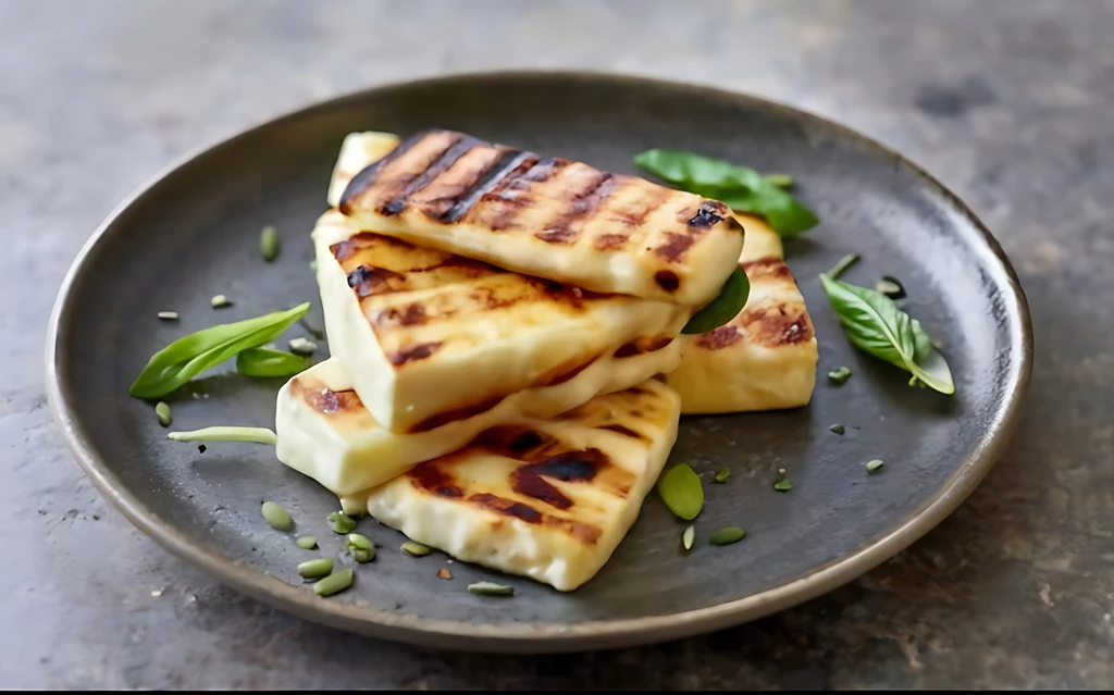 Oryginalny halloumi pochodzi z Cypru Plasterki grillowanego sera leżą na talerzu, ozdobione świeżymi listkami ziół i posypane pestkami. Ser nosi charakterystyczne ślady grillowania w postaci ciemnych prążków.
