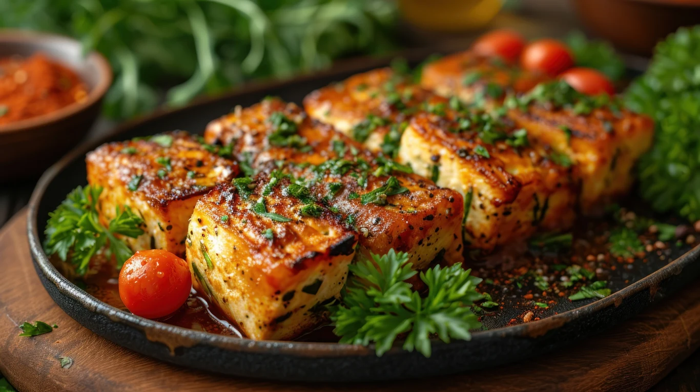 Smażone kawałki halloumi podane na gorącym żeliwnym talerzu, udekorowane świeżymi ziołami i pomidorkami koktajlowymi. Tło wypełniają zielone liście.