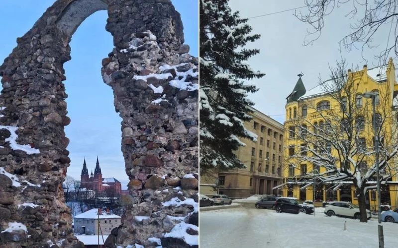 Grodzisko Rzeżyca i Dom Kotów w Rydze to miejsca, które warto odwiedzić na Łotwie Stare ruiny z cegły na tle zimowego miasta oraz kamienice pokryte śniegiem w centrum miasta, tworzące efektowny kontrast architektoniczny.