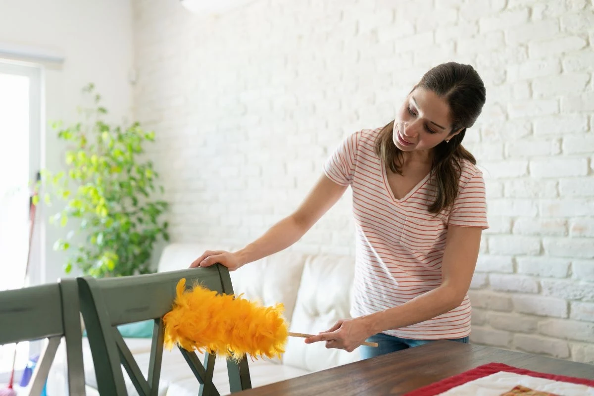 Młoda kobieta odkurza miotełką zielone krzesła