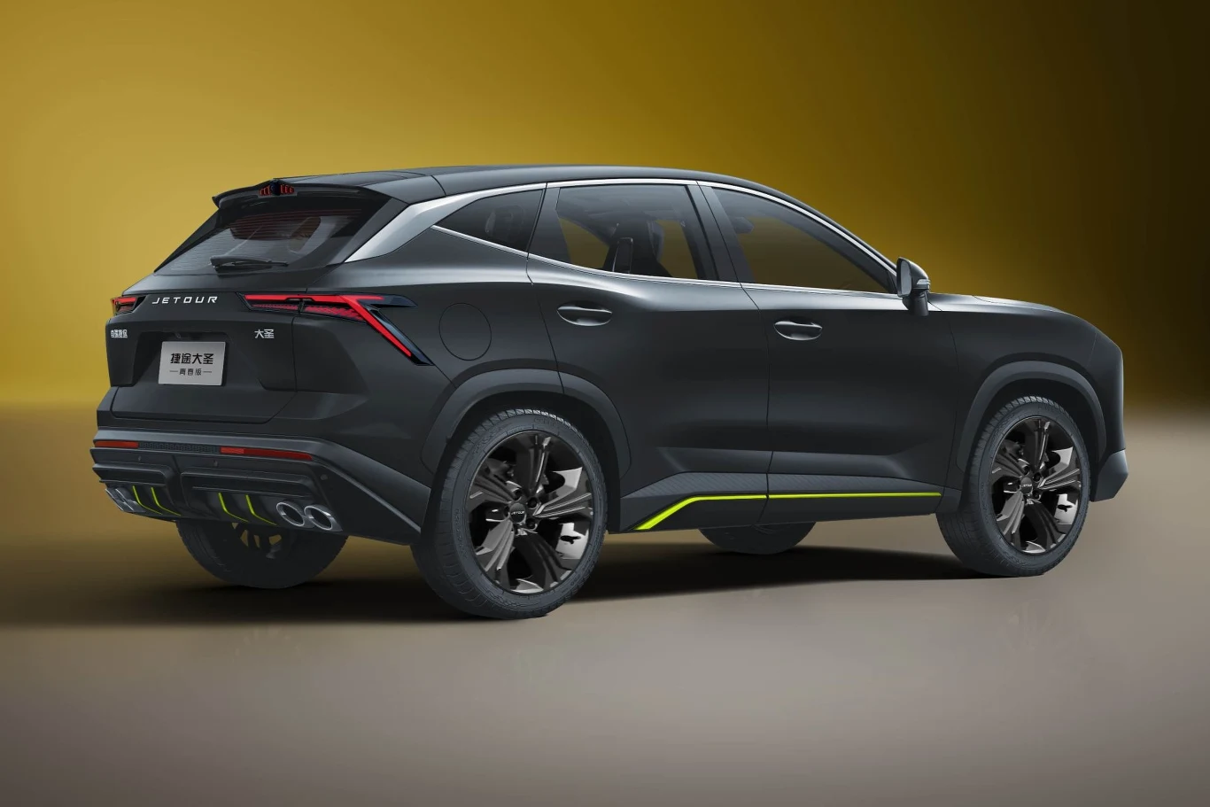 Czarne, nowoczesne SUV z dynamicznym designem, zwracające uwagę zaawansowaną aerodynamiką i unikalnymi detalami, jak neonowe akcenty. Tył samochodu podkreślony przez charakterystyczne światła LED i potężny zderzak.