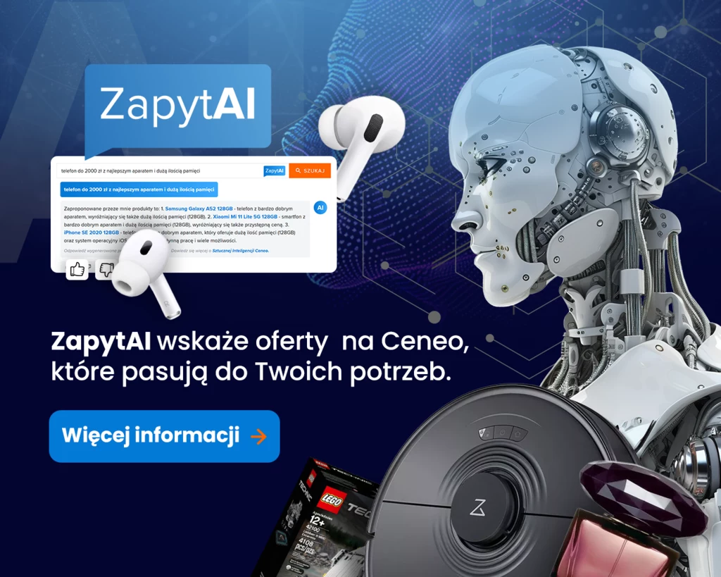 Ceneo dodatkowo oferuje funkcję podsumowania opinii z pomocą CeneoAI Robot humanoidalny z elementami mechaniczne, na tle niebieskiej grafiki i oferty ZapytAI, w otoczeniu elektronicznych akcesoriów, takich jak słuchawki i odkurzacz automatyczny.