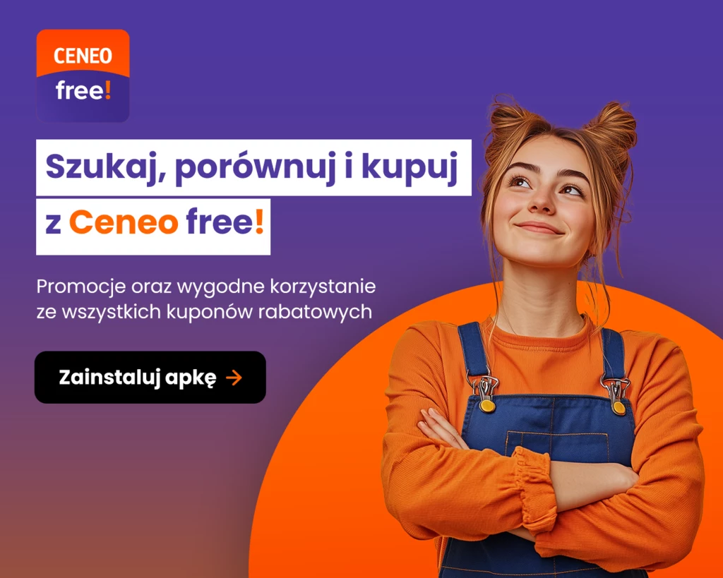 Trendy kosmetyczne na 2025 Młoda kobieta w pomarańczowych ubraniach, stojąca na tle fioletowo-pomarańczowego gradientu. Obok niej tekst promujący platformę zakupową Ceneo i zachęta do pobrania aplikacji.