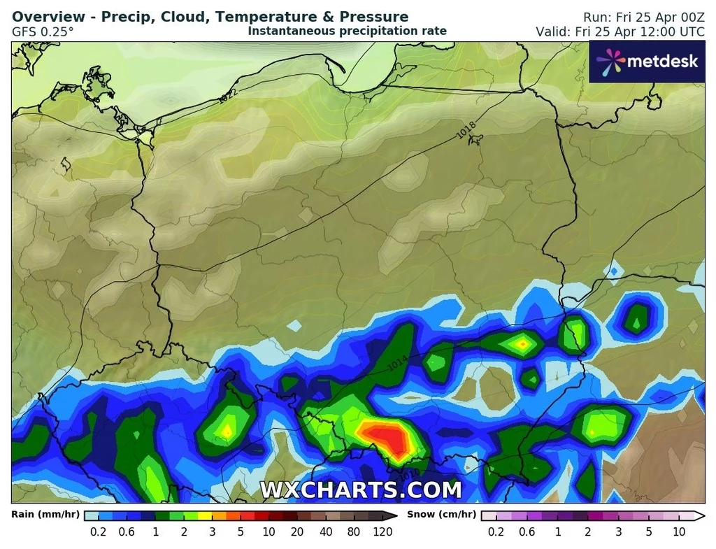 Burze z intensywnymi ulewami znowu skupią się na południowej części kraju Meteorologiczna mapa przedstawiająca prognozowane opady deszczu w określonym regionie wraz z oznaczeniem poziomu opadów w mm/h. Mapa wskazuje intensywne opady w południowej części, zaznaczone kolorami od zielonego po czerwony.