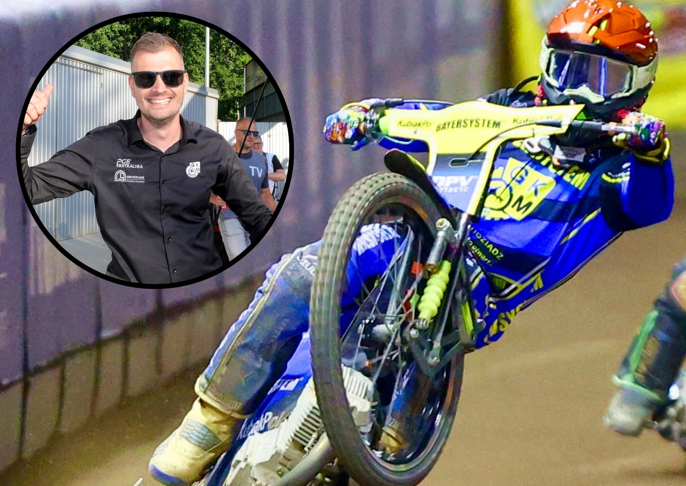 GKM Grudziądz był rewelacją sezonu 2025. Michael Jepsen Jensen na jednym kole fetuje wygraną, prezes Marcin Murawski się cieszy.