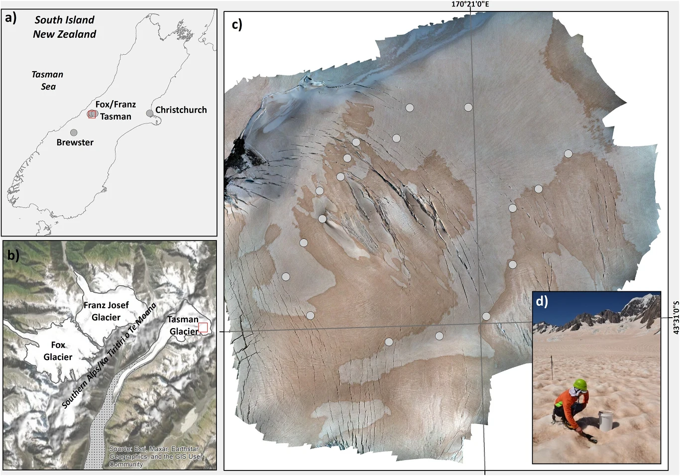 Szeroko zakrojone badania osadów na śniegu w Alpach Południowych obejmowały analizę ujęć z kamer, pobieranie próbek i pomiary teledetekcyjne. Mapa wyspy południowej Nowej Zelandii z zaznaczeniem lodowców Fox/Franz Josef i Tasman, zdjęcie satelitarne obszaru glacjalnego oraz osoba na nartach na zboczu lodowca.