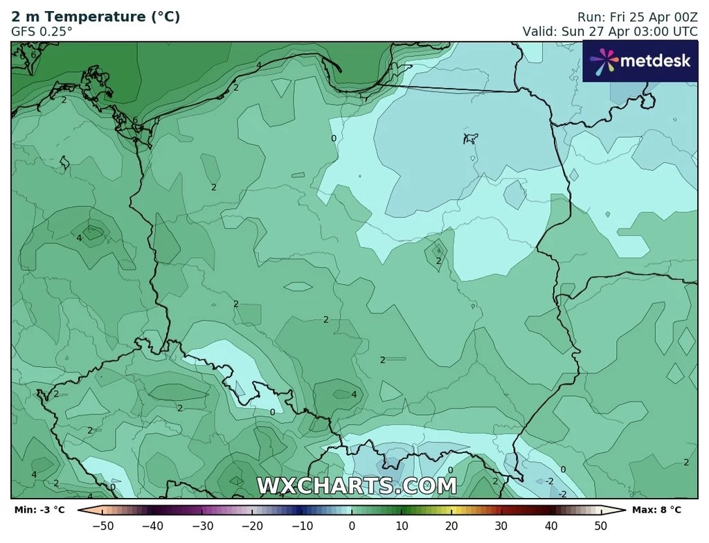 Przymrozki wrócą do Polski w nocy z piątku na sobotę, a potem wystąpią również w trakcie weekendu Prognoza temperatury w stopniach Celsjusza dla Europy Środkowej i Wschodniej, obszary kolorystycznie zaznaczają różne zakresy temperatur, od -3°C do 8°C.