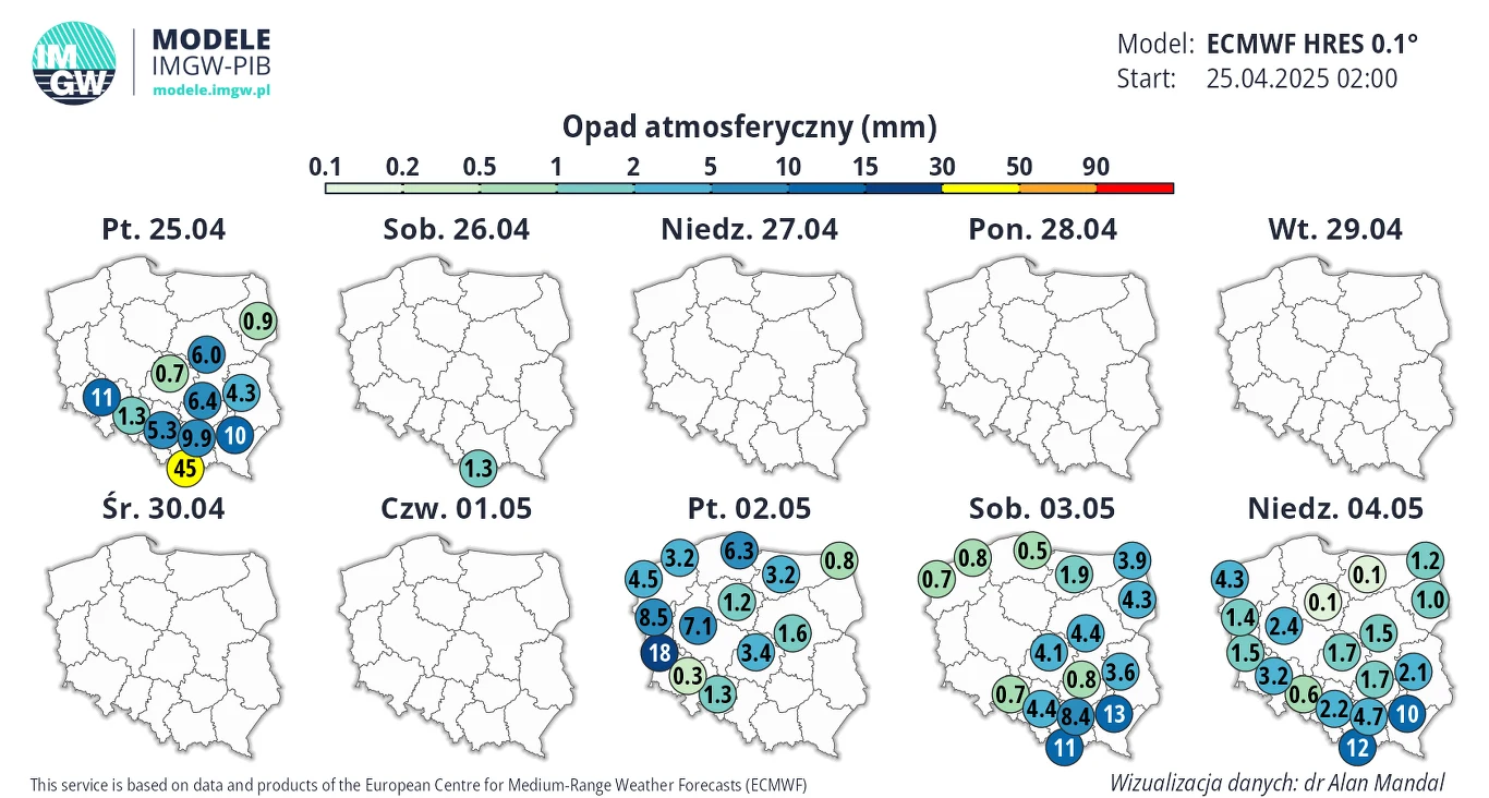 Od najbliższego weekendu przez kolejne dni będzie sucho i spokojnie. W połowie majówki może jednak znowu zacząć padać deszcz Mapa prognozy opadów atmosferycznych w Polsce w dniach od 25.04 do 04.05, przedstawiająca różne poziomy opadów oznaczone kolorami, z legendą oraz oznaczeniami modeli i daty.