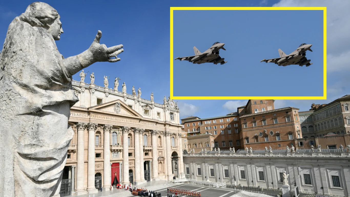 Myśliwce, snajperzy i systemy antydronowe. Włosi przygotowują się na pogrzeb papieża Franciszka Plac Watykański z widocznymi statuami, w tle Bazylika św. Piotra, a w powietrzu lecą dwa samoloty myśliwskie Eurofighter Typhoon.