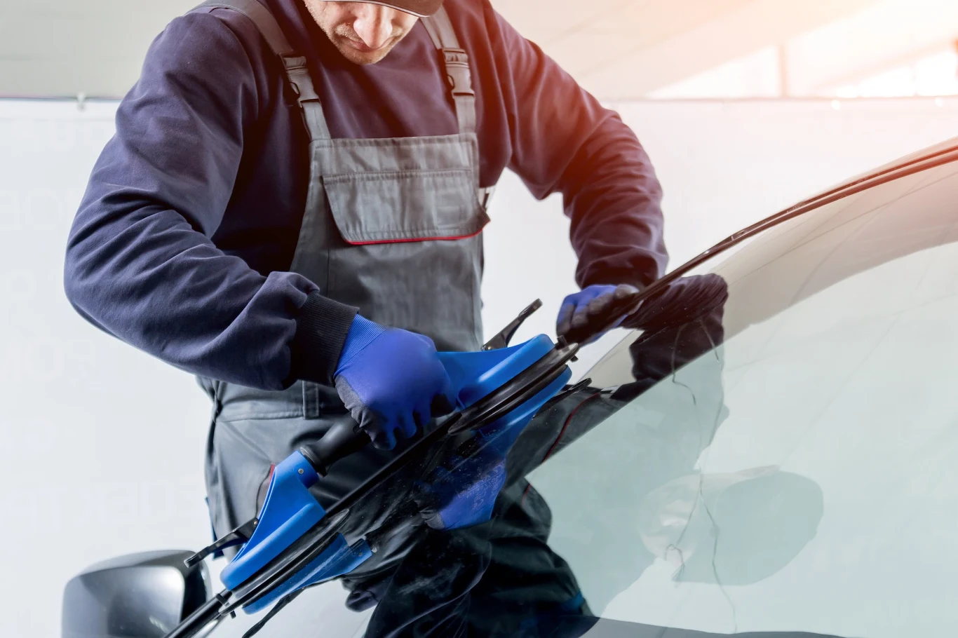 W nowych samochodach nawet wymiana szyby to skomplikowana i kosztowna czynność Mechanik w kombinezonie roboczym i rękawicach naprawia szybę samochodową za pomocą specjalnego narzędzia.