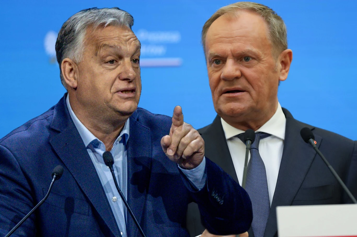 Viktor Orban odpowiedział Donaldowi Tuskowi. "Nie rób sobie zbyt wielkich nadziei" Dwie osoby podczas konferencji prasowej, jedna z nich gestykuluje, druga stoi obok z poważnym wyrazem twarzy, w tle niebieskie tło z niewyraźną inskrypcją.