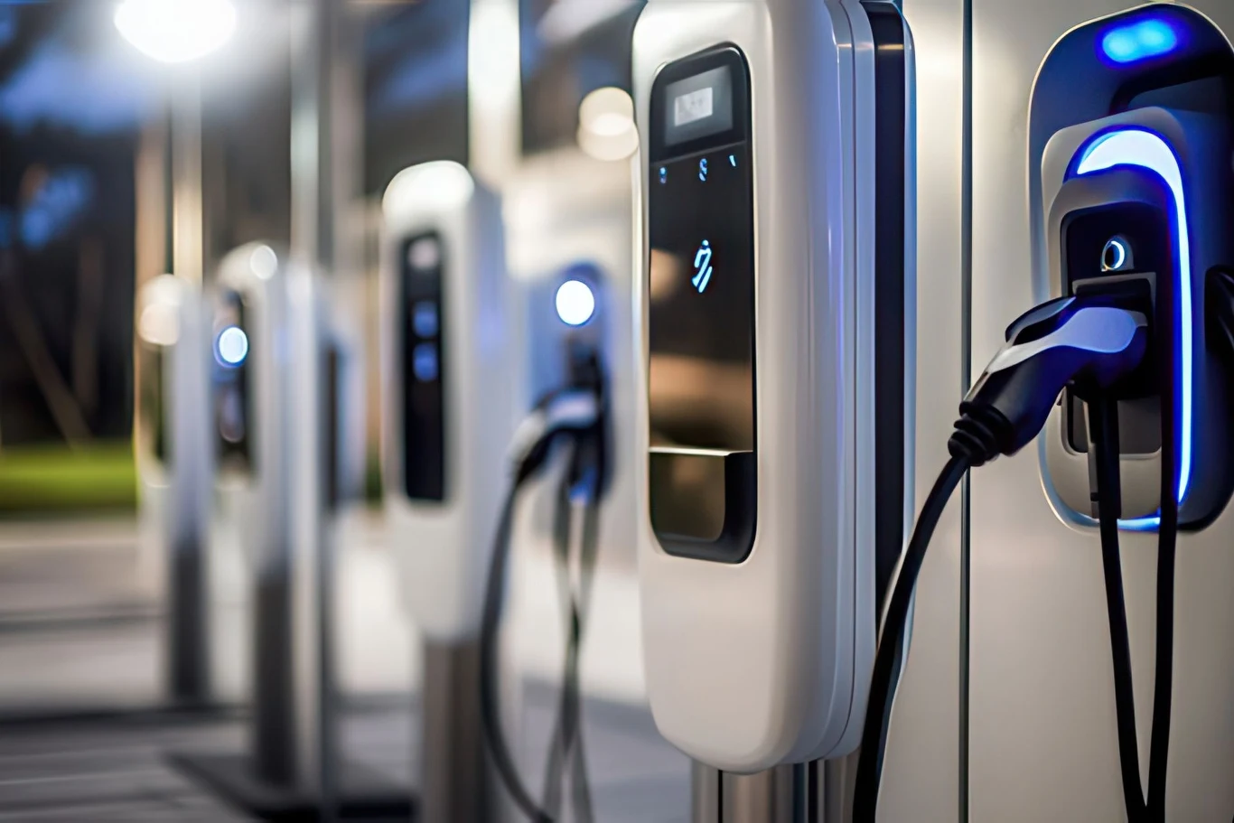 Nowe oszustwa, na które trzeba uważać mając samochód. Rząd stacji ładowania pojazdów elektrycznych, każda wyposażona w ekran i złącze do ładowania, oświetlone światłem dziennym.