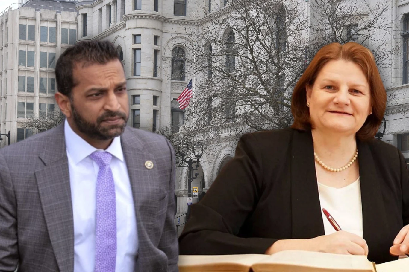 Dyrektor FBI Kash Patel oskarżył sędzię Hannah Dugan o "celowe wprowadzenie w błąd" agentów. Później swój wpis usunął Dwóch ludzi na tle budynku z flagą amerykańską, jedna osoba w garniturze, druga siedząca przy stole i podpisująca dokumenty.