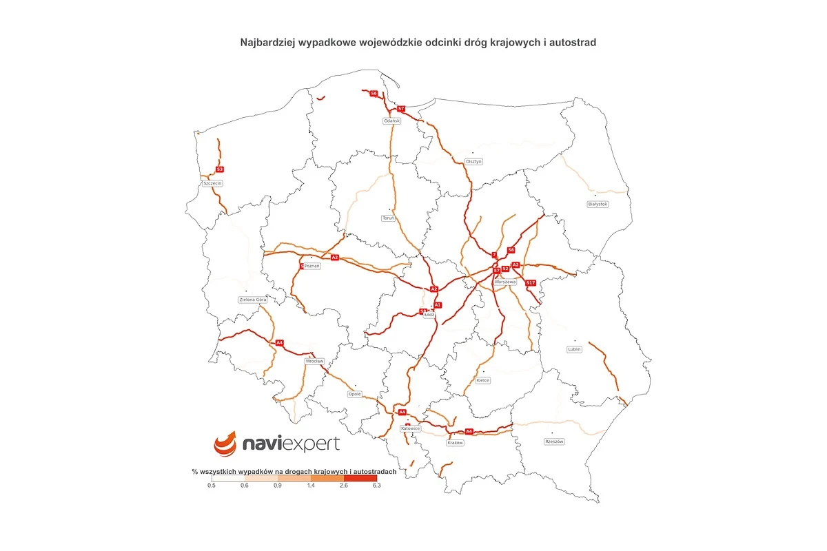 Na tych odcinkach dróg najczęściej dochodzi do wypadków Mapa Polski z oznaczeniami najbardziej wypadkowych odcinków dróg krajowych i autostrad. Główne szlaki komunikacyjne zaznaczone są na czerwono, wskazując miejsca o wysokim ryzyku wypadków.