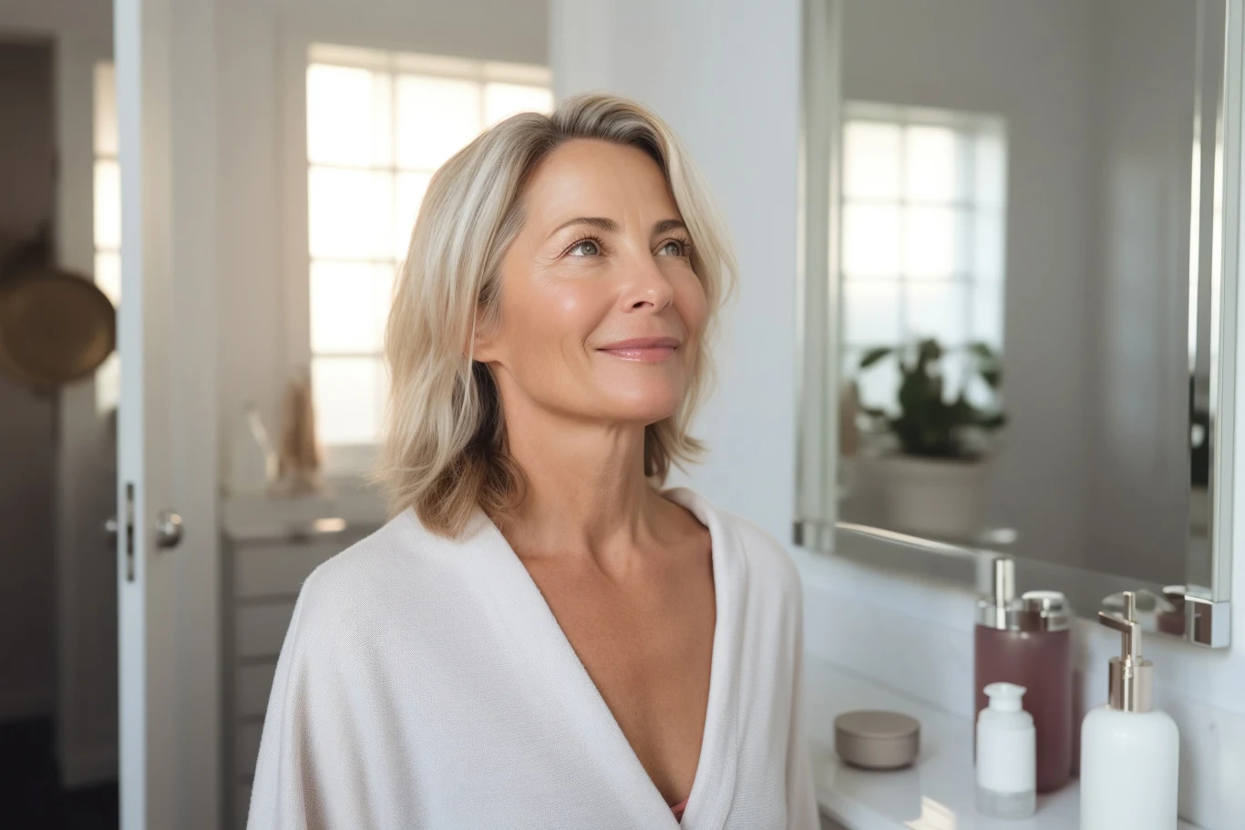 Kobieta w średnim wieku z blond włosami stoi w jasnej łazience. Jest ubrana w biały szlafrok, a za nią widoczne są kosmetyki i rośliny na półce przy lustrze, co sugeruje spokojną atmosferę.
