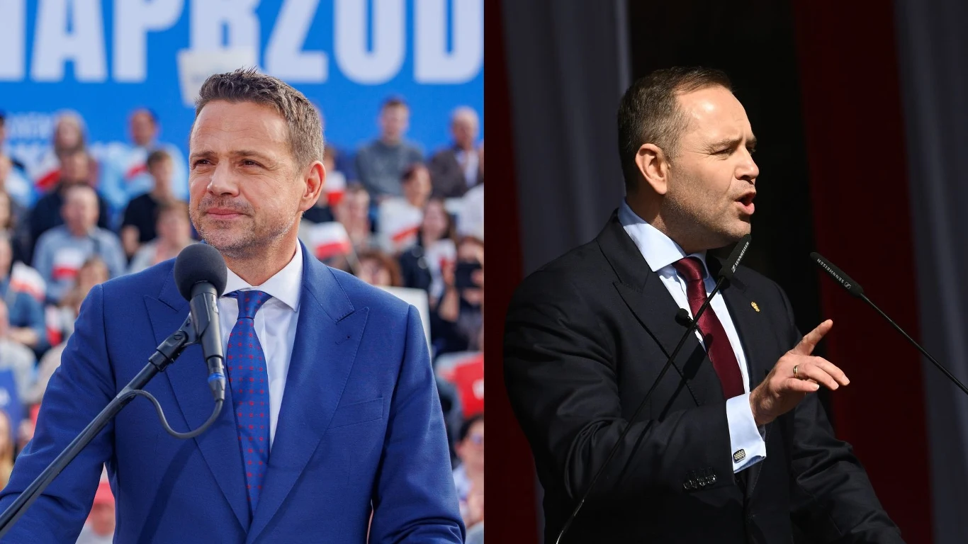 Rafał Trzaskowski i Karol Nawrocki Dwie osoby przemawiające publicznie podczas wydarzeń politycznych, obie trzymają mikrofony. Osoba po lewej ubrana w niebieski garnitur, druga w czarny. W tle zebrany tłum i banery z napisami.