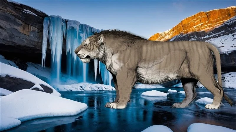 Wielki, prehistoryczny tygrys, poruszający się po lodowym krajobrazie w zimowym otoczeniu zamarzniętych wodospadów i śnieżnych skał. Za zwierzęciem rozciąga się malowniczy zachód słońca, nadający białym skałom złocistą poświatę.