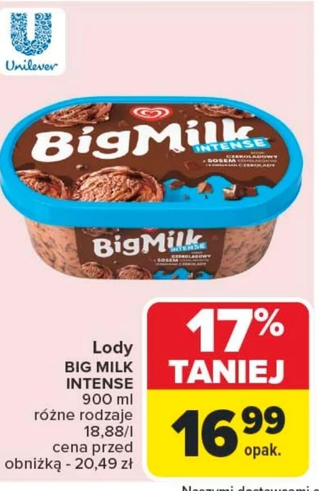 Big Milk Intense Lody smak czekoladowy z sosem czekoladowym i kawałkami czekolady 900 ml