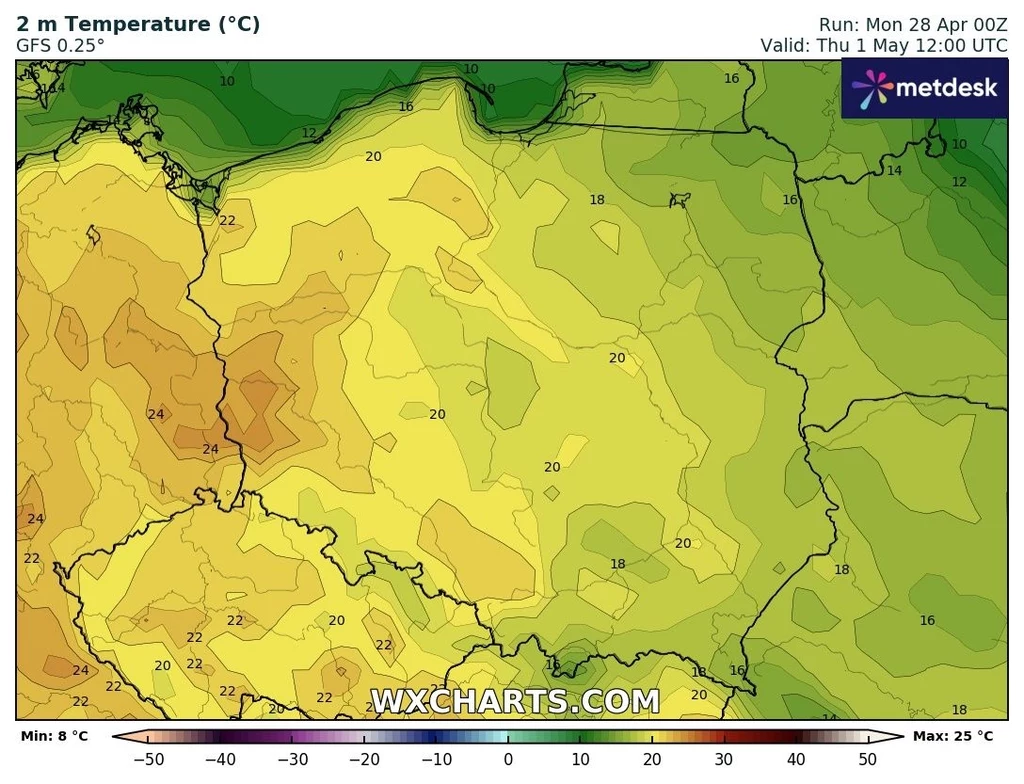 1 maja najcieplej będzie na zachodzie kraju. Tam temperatura przekroczy 20 stopni Celsjusza Mapa prognozy temperatury w Polsce na 1 maja. Dominują odcienie zieleni i żółci, reprezentujące zakres temperatur od 16°C do 24°C, z cieplejszymi obszarami w zachodniej części kraju.