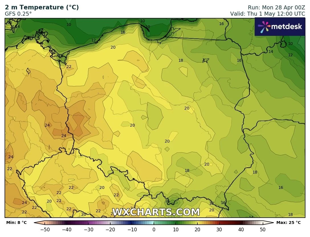 Mapa prognozy temperatury w Polsce na 1 maja. Dominują odcienie zieleni i żółci, reprezentujące zakres temperatur od 16°C do 24°C, z cieplejszymi obszarami w zachodniej części kraju.