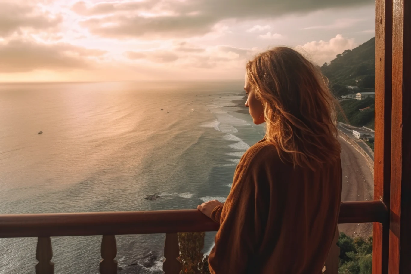 Kobieta stoi na balkonie i patrzy na spokojny ocean o zachodzie słońca. W tle widać rozległe wybrzeże i chmury na niebie, które są oświetlone ciepłym światłem słońca.