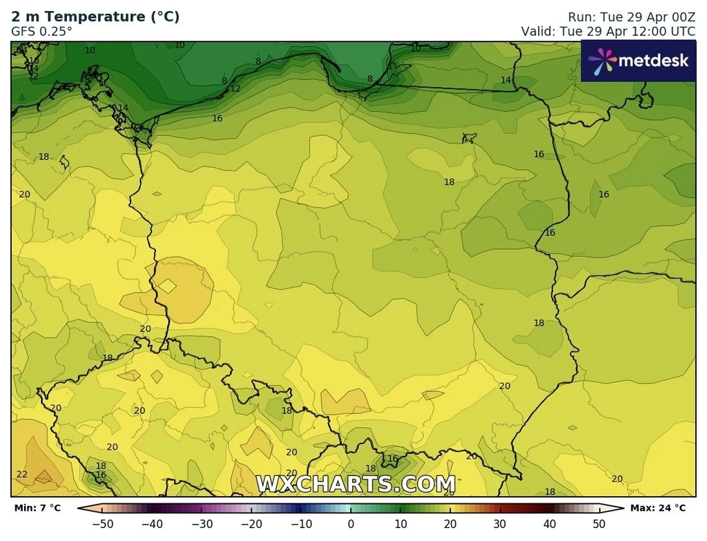 Pogoda we wtorek będzie słoneczna i spokojna. Miejscami na zachodzie i południu będzie do 22 stopni Celsjusza Mapa pogodowa z prognozowanymi temperaturami dla Polski na wysokości 2 metrów. Ukazuje różnice temperaturowe w kraju z obszarami od 16°C do 24°C. Na mapie widoczne są izotermy oraz nazwa portalu pogodowego i znaki graficzne.