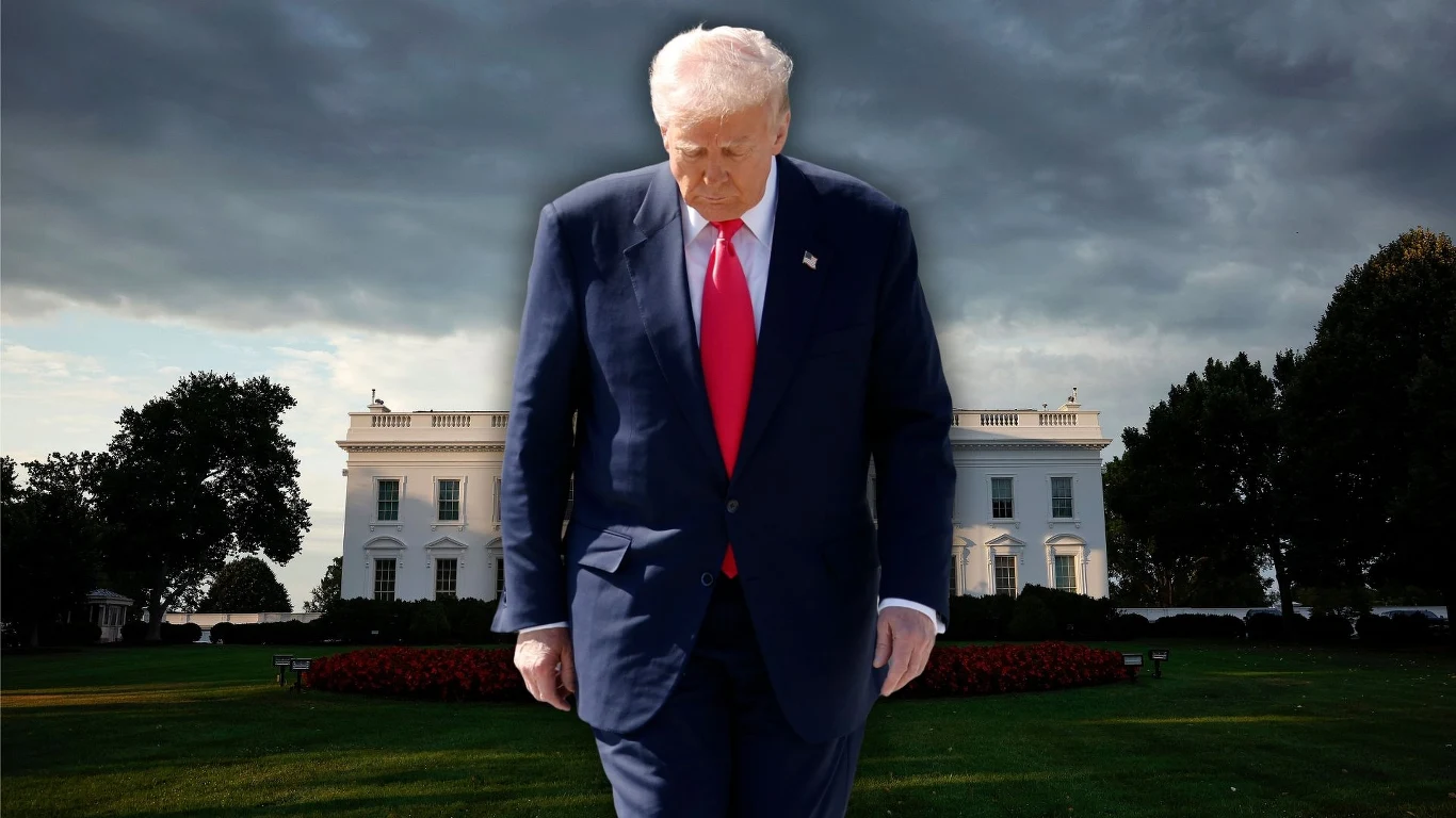 100 dni prezydentury Donalda Trumpa Postać mężczyzny w garniturze z czerwoną krawatą na tle Białego Domu o zmieniającym się, burzowym niebie.