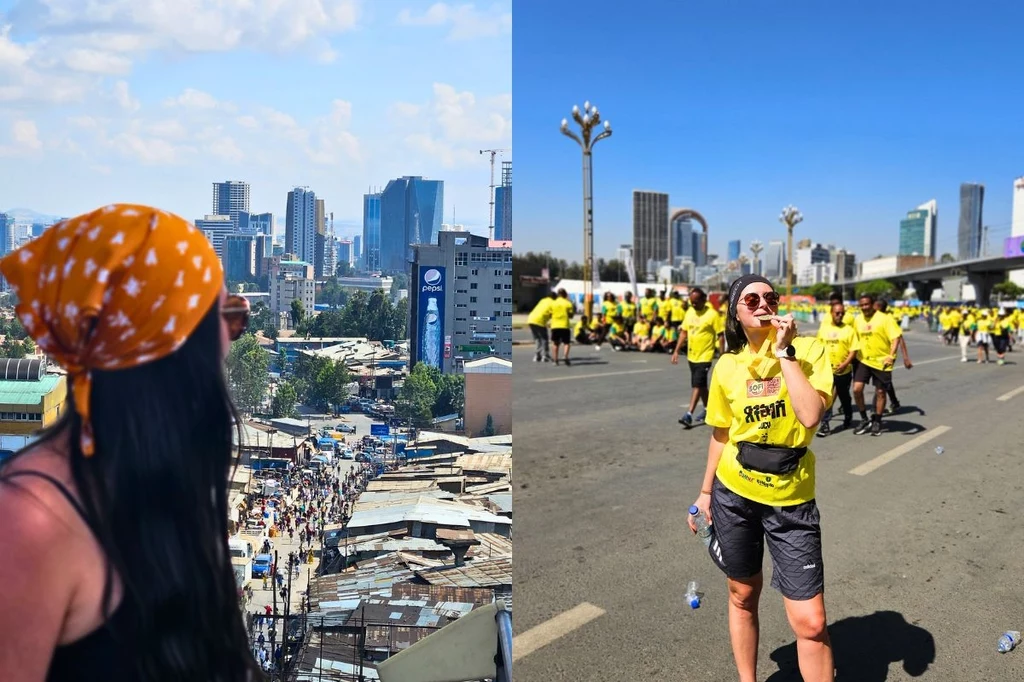W stolicy Addis Abeba Agnieszka wzięła udział w biegu Great Ethiopian Run Po lewej kobieta patrzy na panoramę miasta z wieżowcami i zabudowaniami. Po prawej uczestnicy wydarzenia masowego idą po szerokiej ulicy w kolorowych koszulkach.
