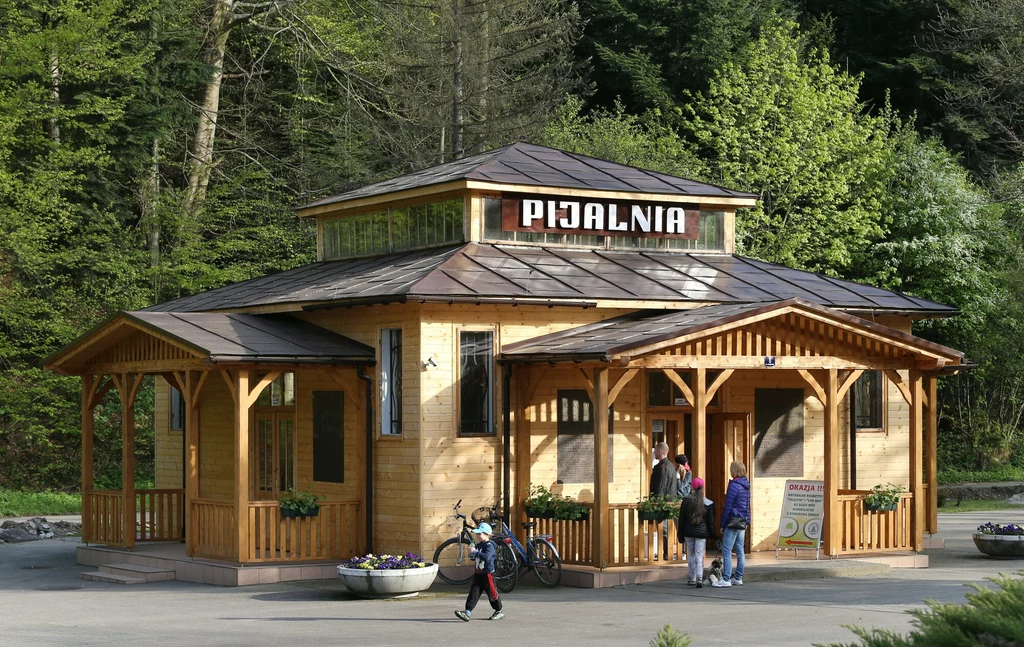 Pijalnia wód mineralnych Drewniany budynek pijalni wody mineralnej z tablicą 'PIJALNIA' na tle lasu, wokół parę osób i rower.