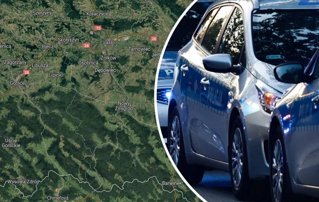 51-latek potrącił dwie rowerzystki w Lipinkach Mapa terenów w Polsce z zaznaczonymi miastami obok zdjęcia samochodów policyjnych ustawionych w rzędzie.