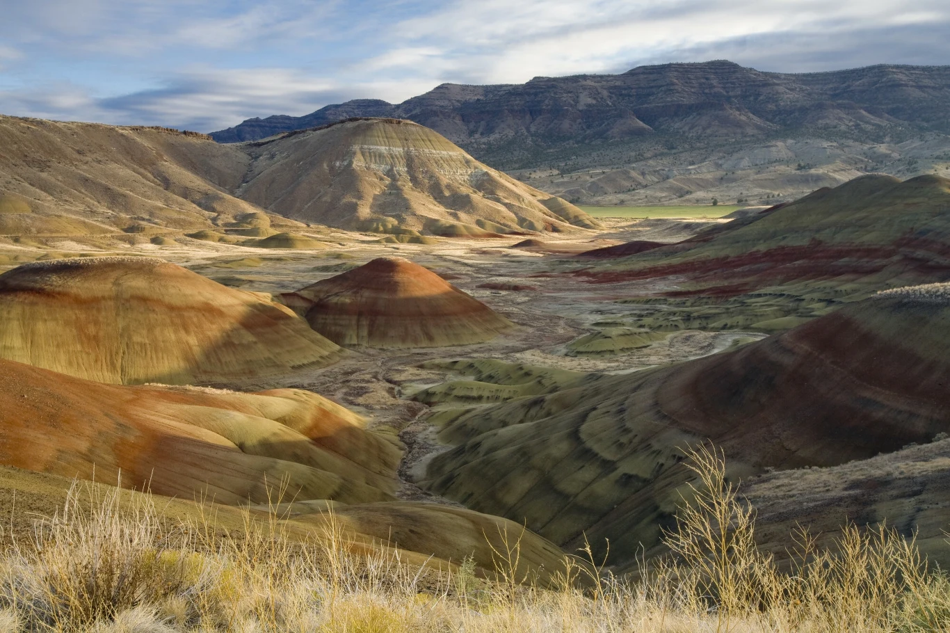 Kolorowe wzgórza rozciągają się na szerokim krajobrazie, tworząc falistą panoramę pełną różnorodnych odcieni ziemi i skalistych formacji. Niebo jest zachmurzone, co dodaje dramatyzmu scenie i głębi kolorom występującym na zboczach wzgórz.