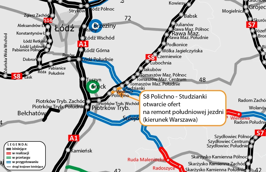 Mapa drogowa pokazująca planowane i realizowane inwestycje w rejonie Łodzi. Zaznaczone są różne trasy, w tym te w realizacji, projektowaniu oraz zielone drogi krajowe. Informacja o otwarciu ofert na remont jezdni południowej w kierunku Warszawy.