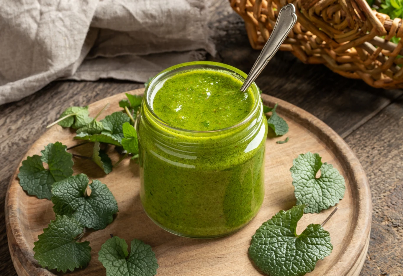 Szklany słoik wypełniony zielonym pesto, ustawiony na drewnianej tacy. Obok leżą świeże liście czosnku niedźwiedziego. Srebrna łyżeczka wystaje ze słoika, a w tle widoczna jest wiklinowa dekoracja.