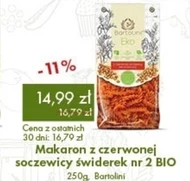 Bartolini Eko Makaron 100 % z czerwonej soczewicy świderek nr 2 250 g