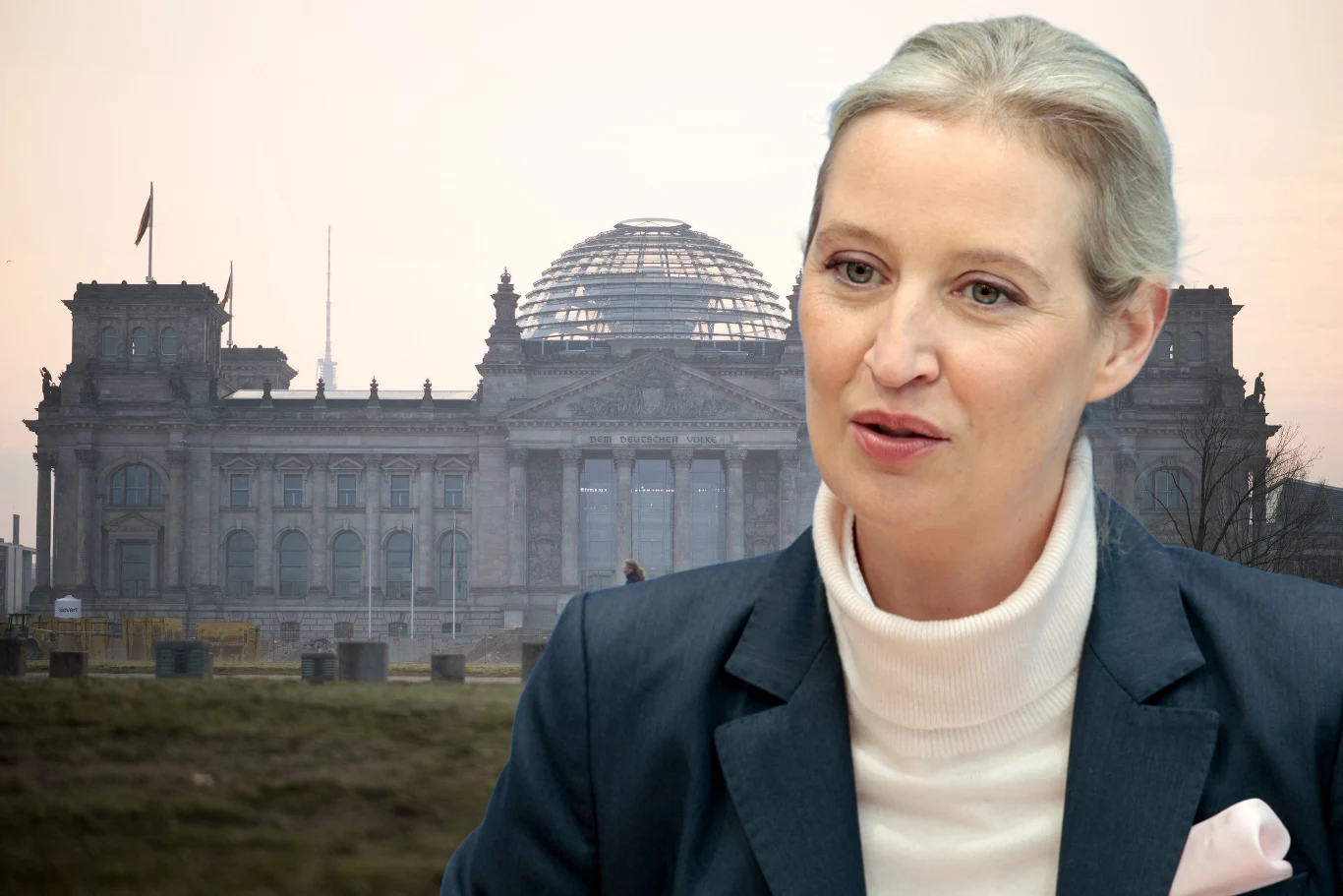 AfD ze stabilną pozycją w sondażu poparcia w Niemczech Kobieta na tle budynku Reichstagu, ubrana w biały golf i granatową marynarkę, co wskazuje na formalny charakter zdjęcia.