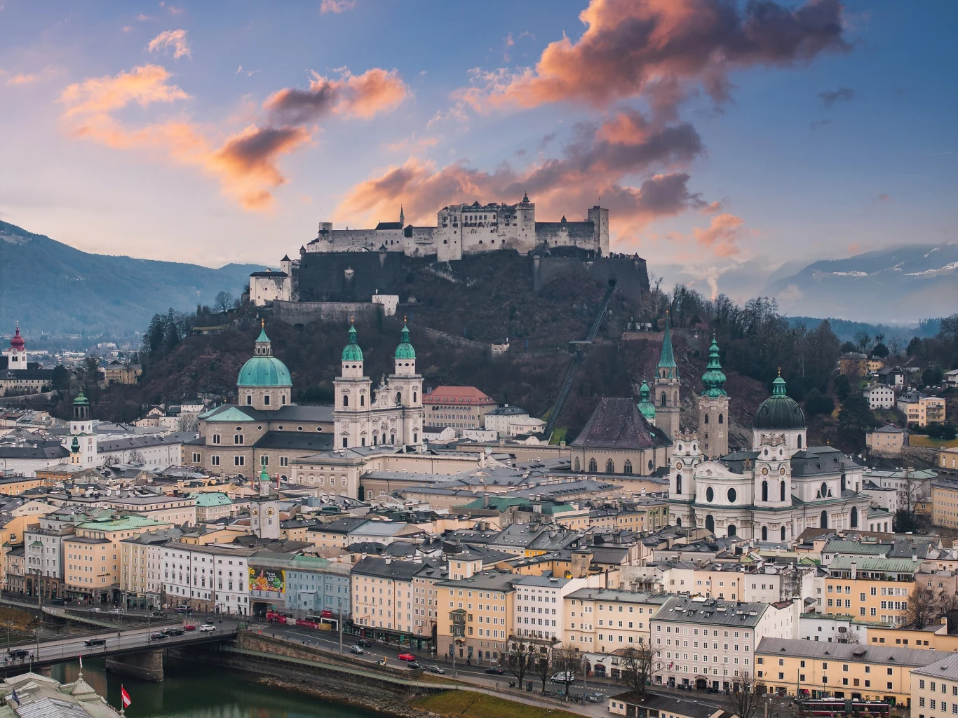 Aerial View of Salzburg, Austria with Hohensalzburg Fortress