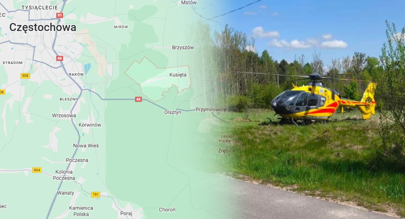 Podczas akcji ratunkowej wykorzystano śmigłowiec LPR Mapa Częstochowy obok helikoptera ratunkowego lądującego na łące w pobliżu lasu.