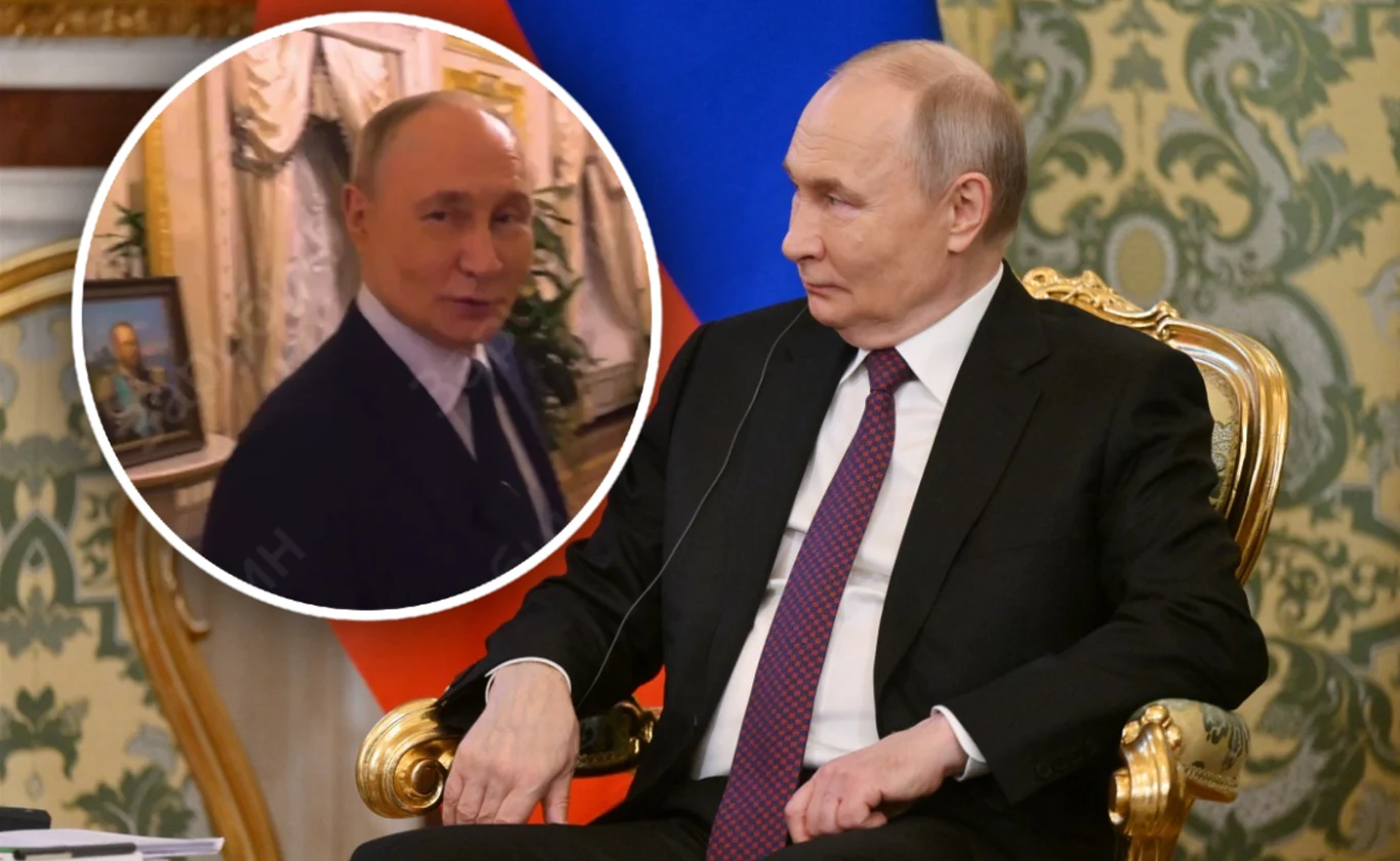 Władimir Putin pokazał prywatne apartamenty na Kremlu Mężczyzna siedzący na ozdobnym krześle w eleganckim pomieszczeniu. Ujęcie pokazuje również jego portret w okrągłym wstawionym obrazku. W tle widać fragment ściany z dekoracyjną tapetą oraz fragment flagi.