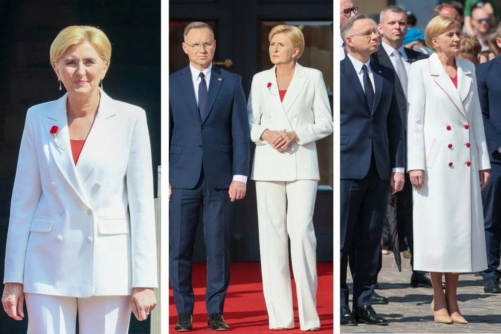 Agata Kornhauser-Duda podczas obchodów Dnia Flagi Rzeczpospolitej Polskiej, 2 maja 2025 r. Trzy zdjęcia tej samej kobiety ubranej w elegancki biały kostium z czerwonym akcentem, towarzyszą jej mężczyźni w ciemnych garniturach. Pierwsze zdjęcie przedstawia kobietę samą, drugie w towarzystwie mężczyzny, trzecie w grupie.