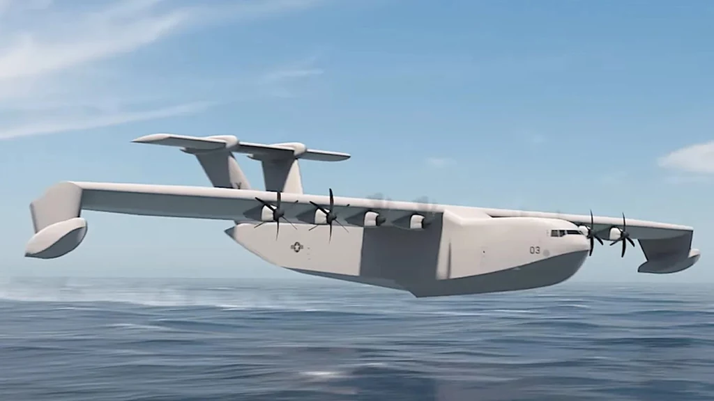 Tak ma wyglądać ekranoplan firmy Aurora Flight Sciences Samolot typu ekranoplan unosi się nad lustrem wody, otoczony błękitnym niebem.