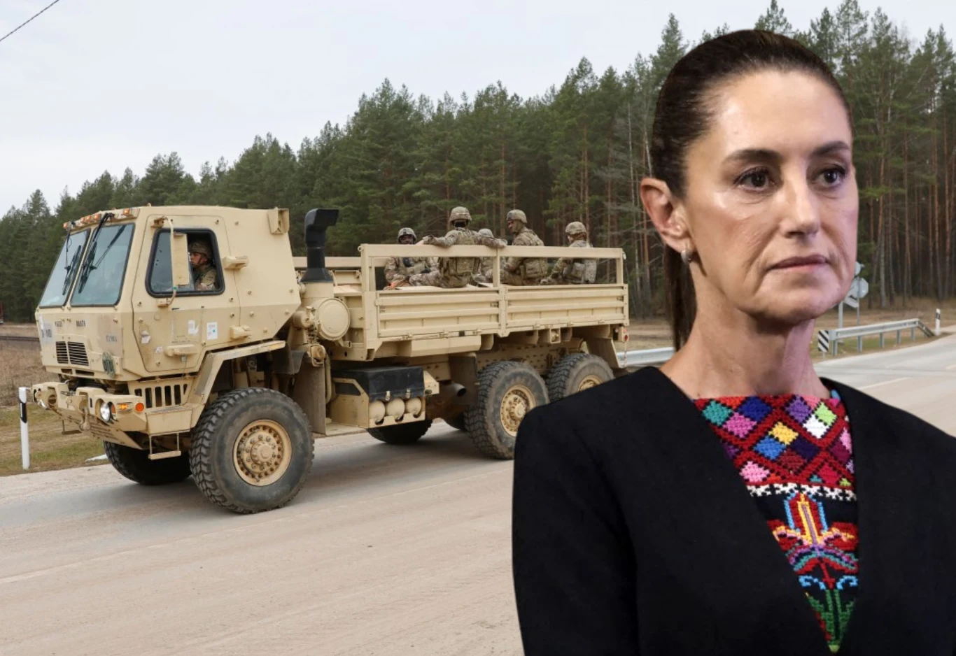 Prezydent Meksyku Claudia Sheinbaum odmówiła amerykańskiej pomocy wojskowej Kobieta w kolorowym stroju na pierwszym planie, w tle wojskowa ciężarówka na drodze przy lesie z żołnierzami na pace.