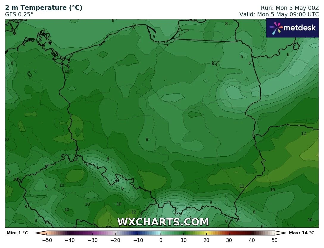Mapa temperatury powierzchni w Polsce z oznaczeniami stopni Celsjusza w różnych regionach, przedstawiona na zielonym tle z konturami granic państwowych.